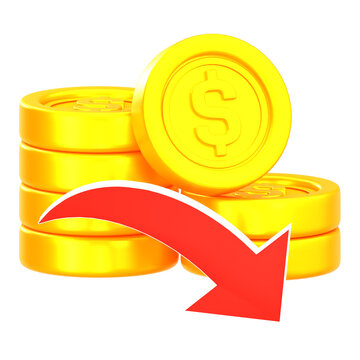 3D Golden Dollar Coins Stack with Red Down Arrow Representing Financial Loss and Market Crash