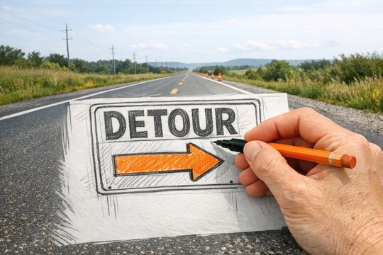 A person holds a marker and creates a detour sign on the side of a road
