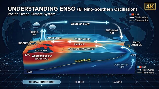 The image illustrates the Pacific Ocean Climate System and the El Ni&ntilde;o-Southern Oscillation (ENSO).