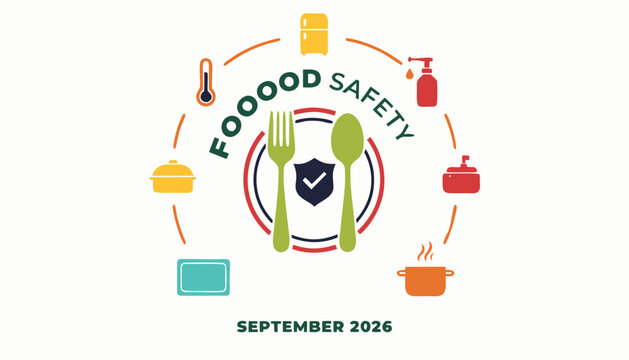 Circular food safety education emblem featuring colorful kitchen equipment icon symbols
