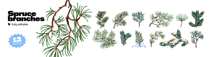 Fototapeta premium Spruce branches set. Twigs of evergreen trees with snow, bow and decor. Sprigs of pine and firs with green needles. Forest plants with cones. Flat isolated vector illustrations on white background