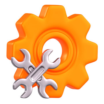 3D Orange Gear and Crossed Wrenches Icon for Technical Support and Maintenance Service