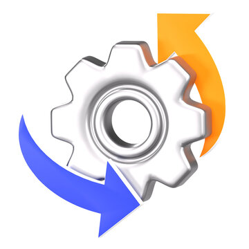 3D Cogwheel Gear with Rotating Blue and Yellow Arrows for Management and Process Optimization