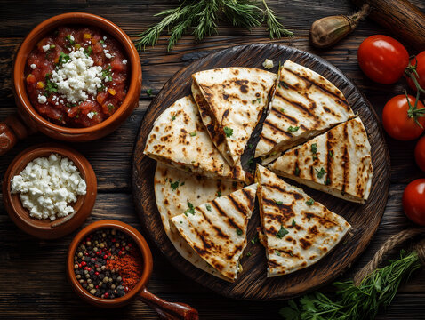 Traditional quesadillas with Oaxaca cheese and grilled vegetables on rustic wooden table, Mexico Independence Day celebration, premium food styling, no people