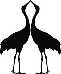 Naklejka premium Symmetrical silhouette of two cranes facing each other with touching beaks symbolizing harmony, love, and artistic balance