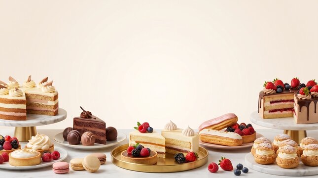 National Dessert Month Chocolate Background with Truffles, Cake and Fresh Berries in Elegant Composition