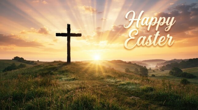 A dramatic sunrise illuminates a wooden cross on a hilltop, with a serene landscape stretching out below.