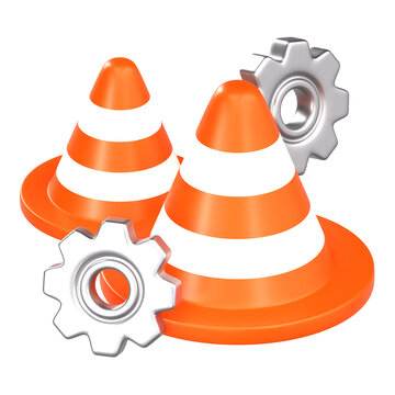 3D Construction Cones with Cogwheel Gears for Website Under Maintenance and Repair Concept