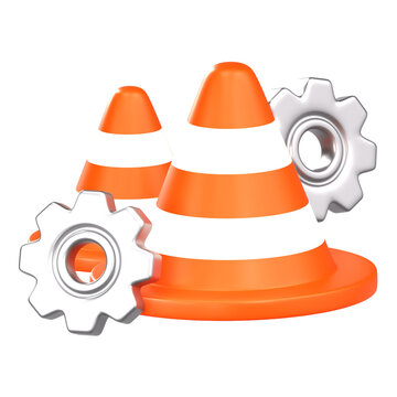 3D Construction Cones with Cogwheel Gears for Website Under Maintenance and Repair Concept
