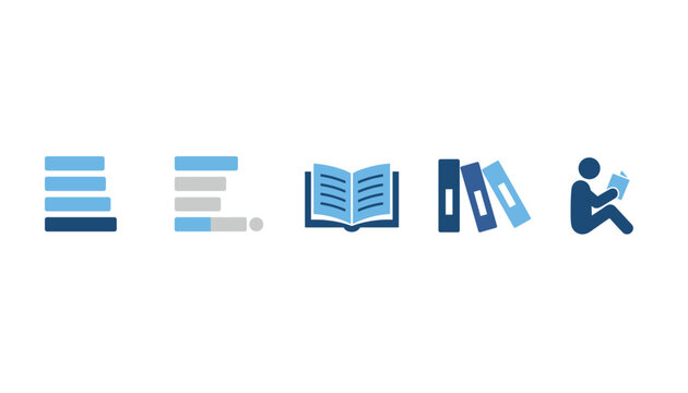 Collection of flat reading and education icons featuring book stacks, binders, and a person reading in blue tones.