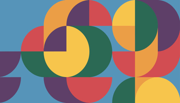 Abstract geometric pattern in Bauhaus style with overlapping colorful circles and semicircles on a blue background.