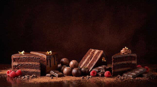National Dessert Month Chocolate Background with Truffles, Cake and Fresh Berries in Elegant Composition