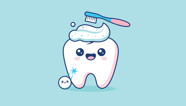 Cute cartoon character tooth with toothpaste and toothbrush defending against a small unhappy bacteria ball.