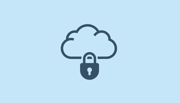 Cloud computing security icon with a secure padlock symbol in dark blue on a light blue background.