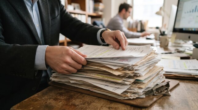 Professional organizing stack of paperwork at office desk for business administration task