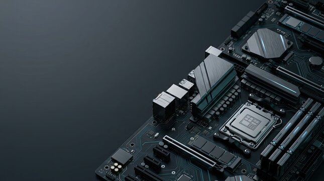 A close-up shot of a motherboard with a CPU and cooling system. The motherboard is positioned on a dark gray background.