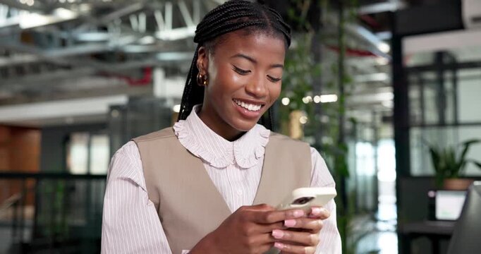 Employee, typing and woman with phone in office, financial advisor or communication on social media. Wealth manager, laughing and black person with mobile, happy and funny chat with contact on web