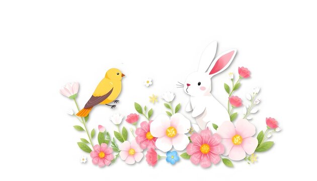A heartwarming scene of a small yellow bird and a fluffy white rabbit interacting amidst a lush arrangement of pink white and blue spring flowers. The illustration features a clean graphic style.