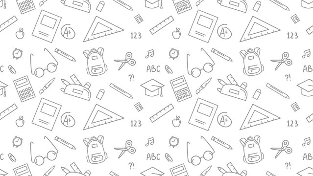 Back to school outline seamless pattern. Education learning doodle background. School themed doodle seamless pattern. School supplies pattern background
