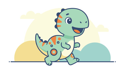 Naklejka premium Adorable green baby dinosaur with orange stripes walking happily with a bright sun and clouds behind it in sky.