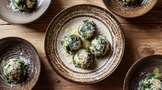 Traditional spinach dumplings with butter and parmesan on handcrafted ceramic plates, luxury alpine dining style, no people