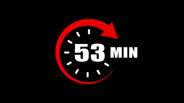 53 Minute Countdown Timer Animation with Circular Progress Indicator and Arrow. Circular timer icon indicating 53 minutes. 53 min clock icon animation for Time Management and Countdown Concepts.