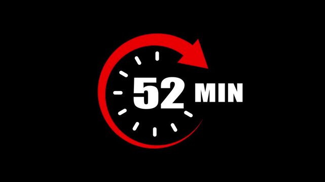 52 Minute Countdown Timer Animation with Circular Progress Indicator and Arrow. Circular timer icon indicating 52 minutes. 52 min clock icon animation for Time Management and Countdown Concepts.