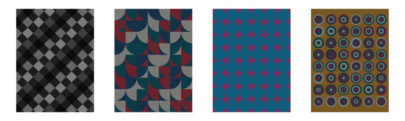 Obraz premium Set of four geometric patterns with squares, circles, and abstract shapes in various modern color palettes