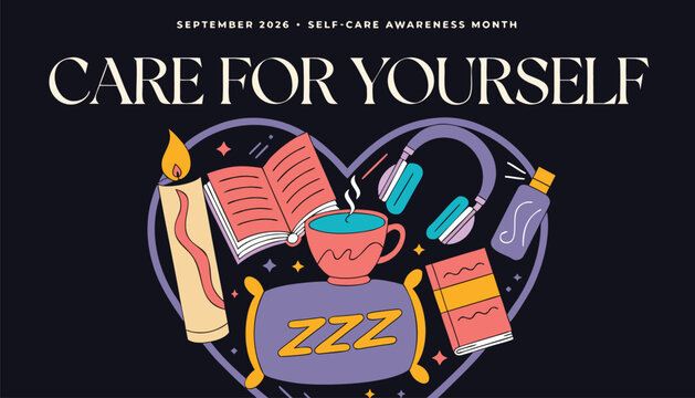 Self care awareness month illustration featuring relaxing items in heart shape