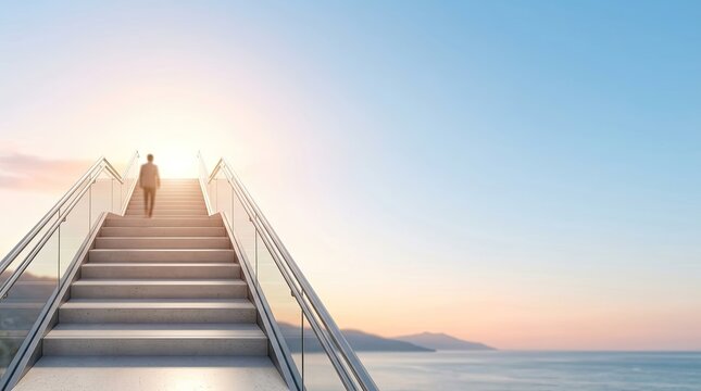 A lone figure ascends a modern staircase towards a breathtaking sunset. The person, dressed in a business suit, is walking upwards, seemingly towards a brighter future.