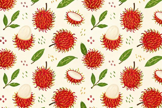 Fresh rambutan seamless pattern with delicate red line art of whole and peeled tropical fruit, leafy branches and spacious white copy space for packaging, wallpaper, fabric and stationery design