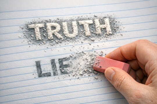 A person holds a pink eraser above a piece of paper with the word 'truth' written, highlighting its importance