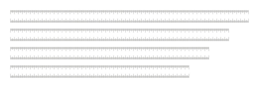 Measuring charts 45, 50, 55, 60 centimeters. Set of Ruler black scales forty five, fifty, fifty five, sixty cm icons. Length measurement math, distance, height, sewing tool layouts.