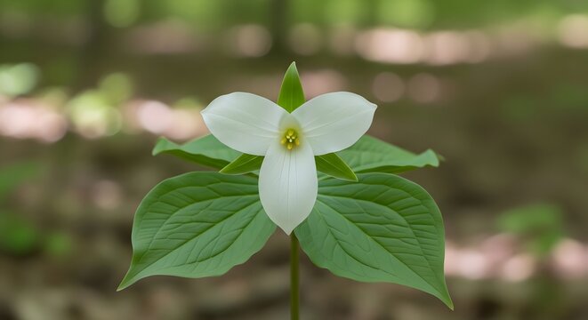 White Trillium flower in soft forest light with blurred green background and copy space