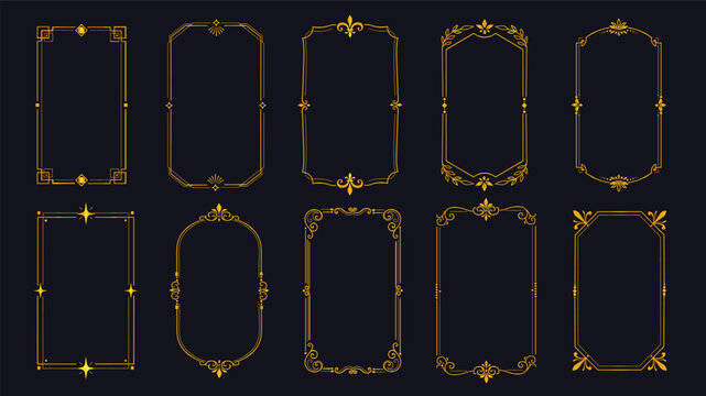 Gold frames elements set design. Collection with golden vertical square borders with vintage linear shapes and ornate corners, bohemian art deco banners, tarot card templates. Vector illustration.