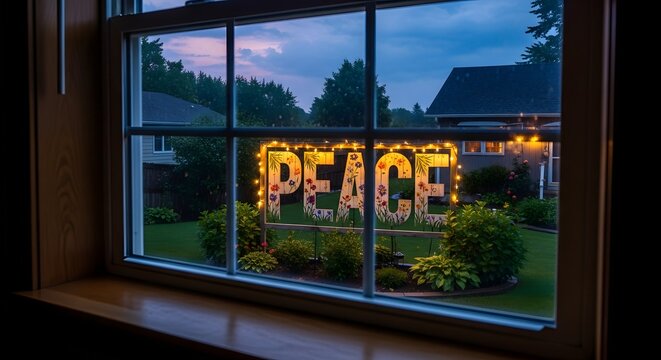 Yard sign with 'PEACE' illuminated by string lights against twilight sky in suburban neighborhood