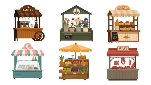 Street shops elements set design. Collection with market vendor stalls of coffee store, plants and flowers kiosk, bread bakery, local counter stands with ice cream, fruit or meat. Vector illustration.