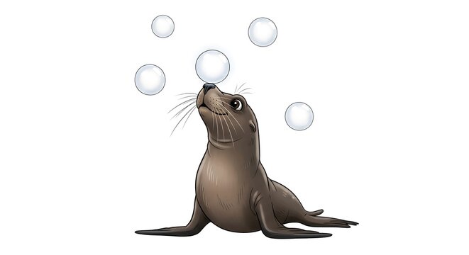 Young sea lion pup playing with bubbles in clear studio lighting with white background concept for marine life and fun
