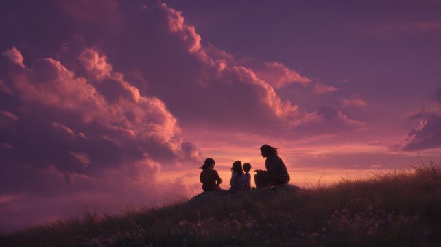 A shot where the family is lit by the setting sun on a hill, features still visible, looking at each other, wind in hair, warm purple and orange sky, emotional and cinematic