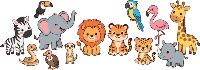 Naklejka premium Kawaii tropical wildlife bundle with friendly jungle predators exotic birds and savannah mammals ideal for children textile pattern or banner layouts vector