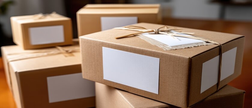 Cardboard boxes with labels stacked on a surface, featuring packing tape and showcasing a clean commercial look in a softly blurred background