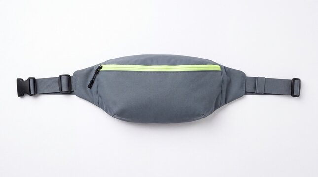 Grey Athletic Running Belt Waist Pack with Neon Green Zipper Isolated on White Background
