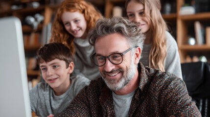 Obraz premium Dad sitting in an office chair, mom and kids leaning over his shoulder looking at a sketch, everyone is smiling and discussing, interior home office setting