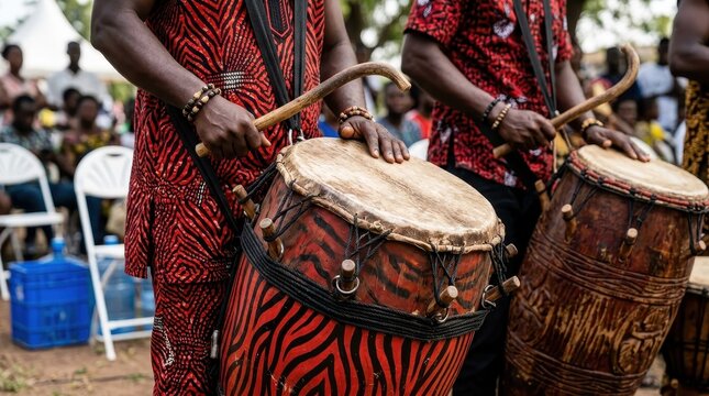 Traditional African Drummers Performing with Handcrafted Percussion Instruments at a Cultural Festival Celebration