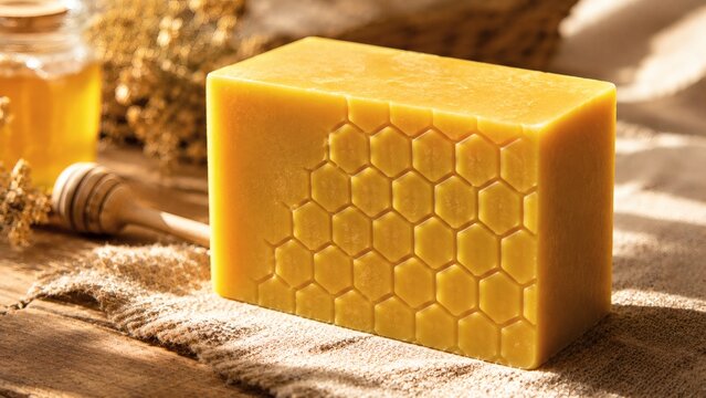Warm Golden Raw Organic Beeswax Monolith with Subtle Cast Geometric Texture