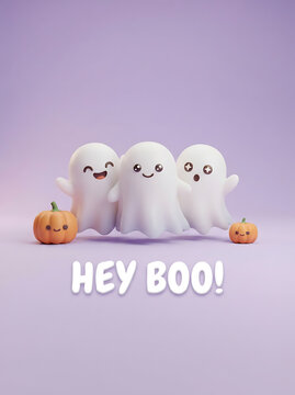 Three cute ghost plushies sitting with pumpkin and text hey boo