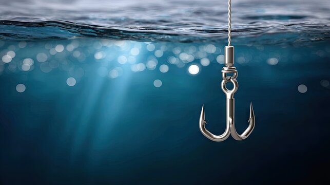 Detailed view of a fishing hook in dark blue water with sunlight creating lens flares and a fishing line stretching to the surface