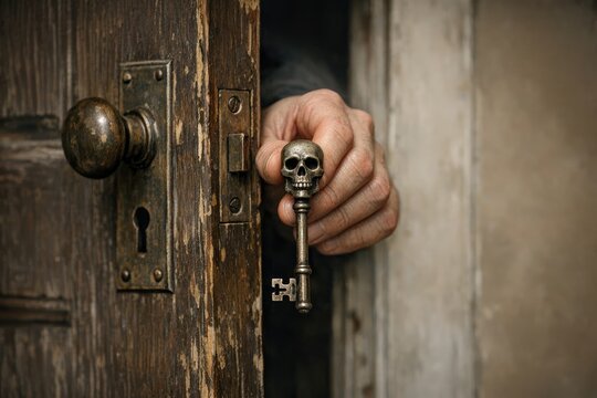 A person holds a skeleton key to a door, suggesting potential entry or access