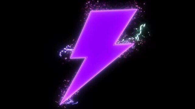 Glowing purple lightning bolt materializes from sparkling particles against black background