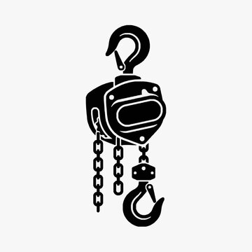 Modern Black and White of a Heavy Duty Hoist with Hook and Chain for Industrial Use with high quality professional line art symbols for modern creative design and digital branding projects
